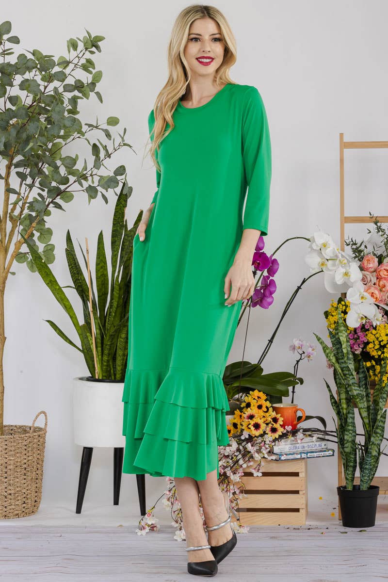 Celeste Clothing – Großhandel Kleid – Damen – Großgrößen-Midikleid mit gestuften Rüschen und 3/4-Ärmeln40