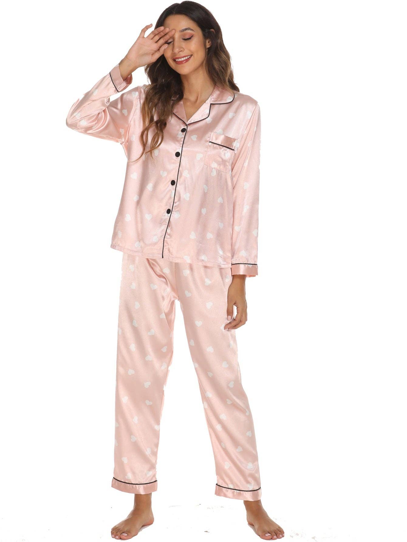 pinkblu02 - Wholesale Pyjamaset - Dames - Dames Casual Satijnen Pyjamaset met Lange Mouwen en Revers11