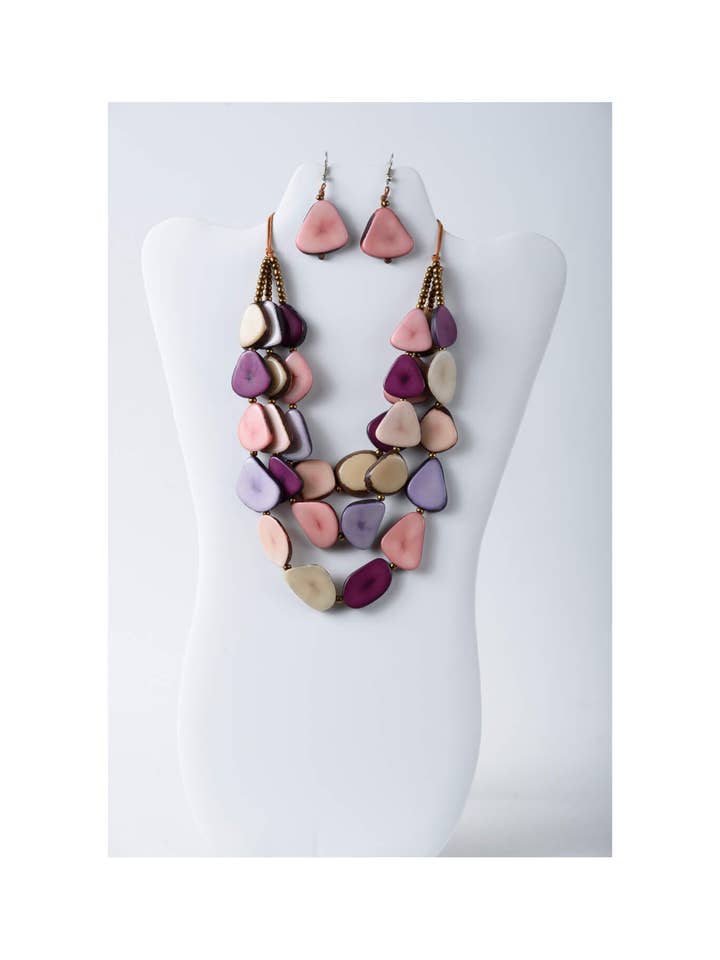 Zaley Three Stranded Organic Tagua Necklace and Earrings for wholesale by TaguArtsy