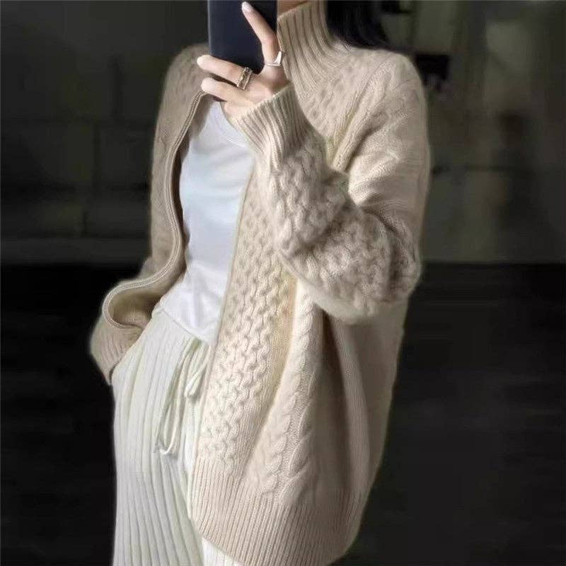 WHITE Thickened High Neck Zipper Twist Cashmere Cardigan for wholesale on Faire2