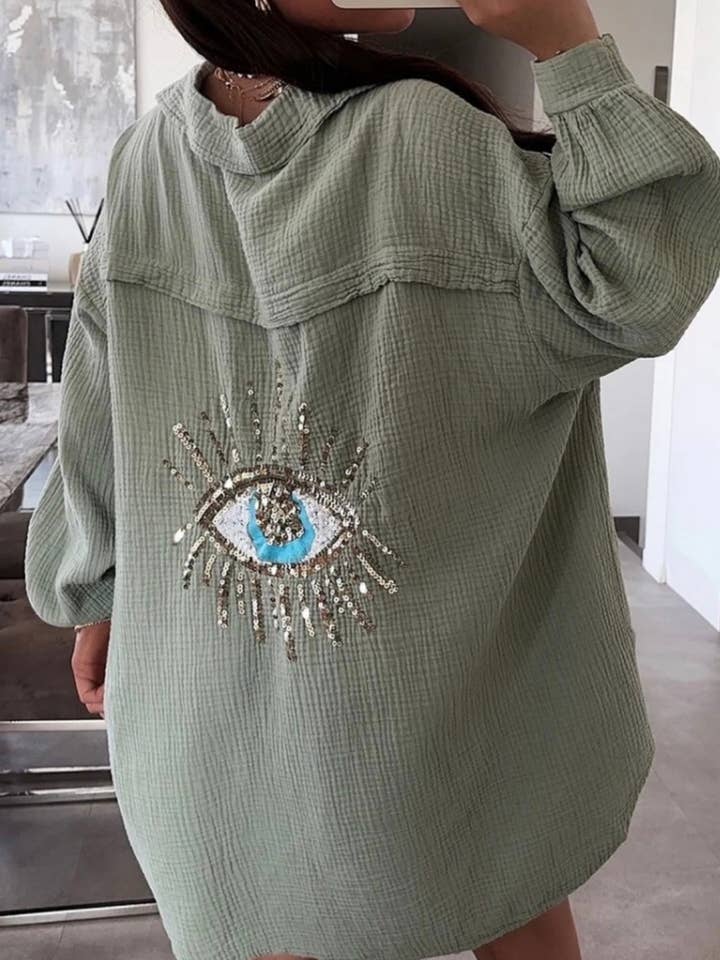 LOOWIE - Wholesale Buttoned-down shirt – Women's - E22 Olive Oversized Evil Eye Gauze Cotton Button Shirt 0