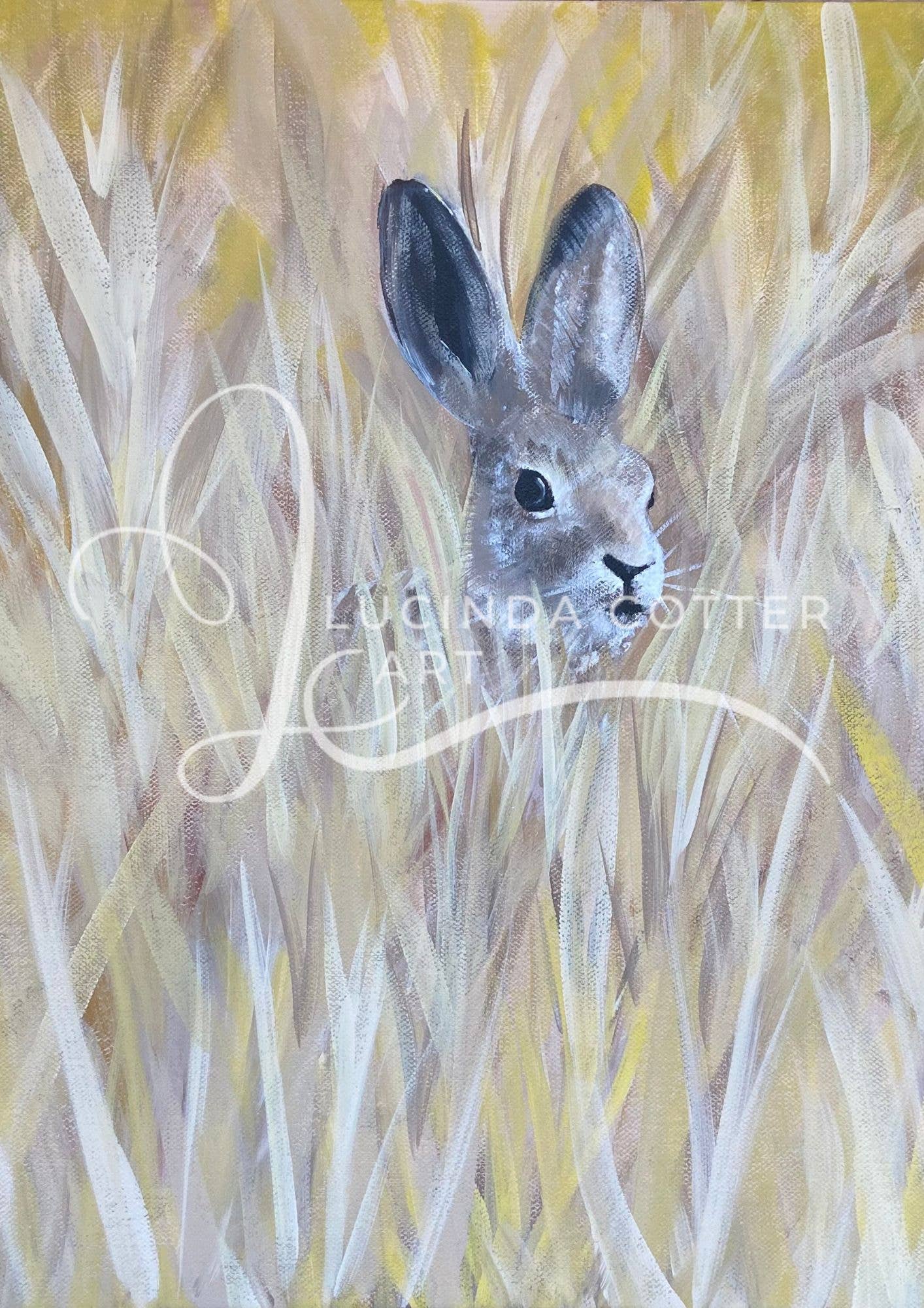 Lucinda Cotter Art – wholesale Vardagliga hälsningskort – Hare i gräset gratulationskort2