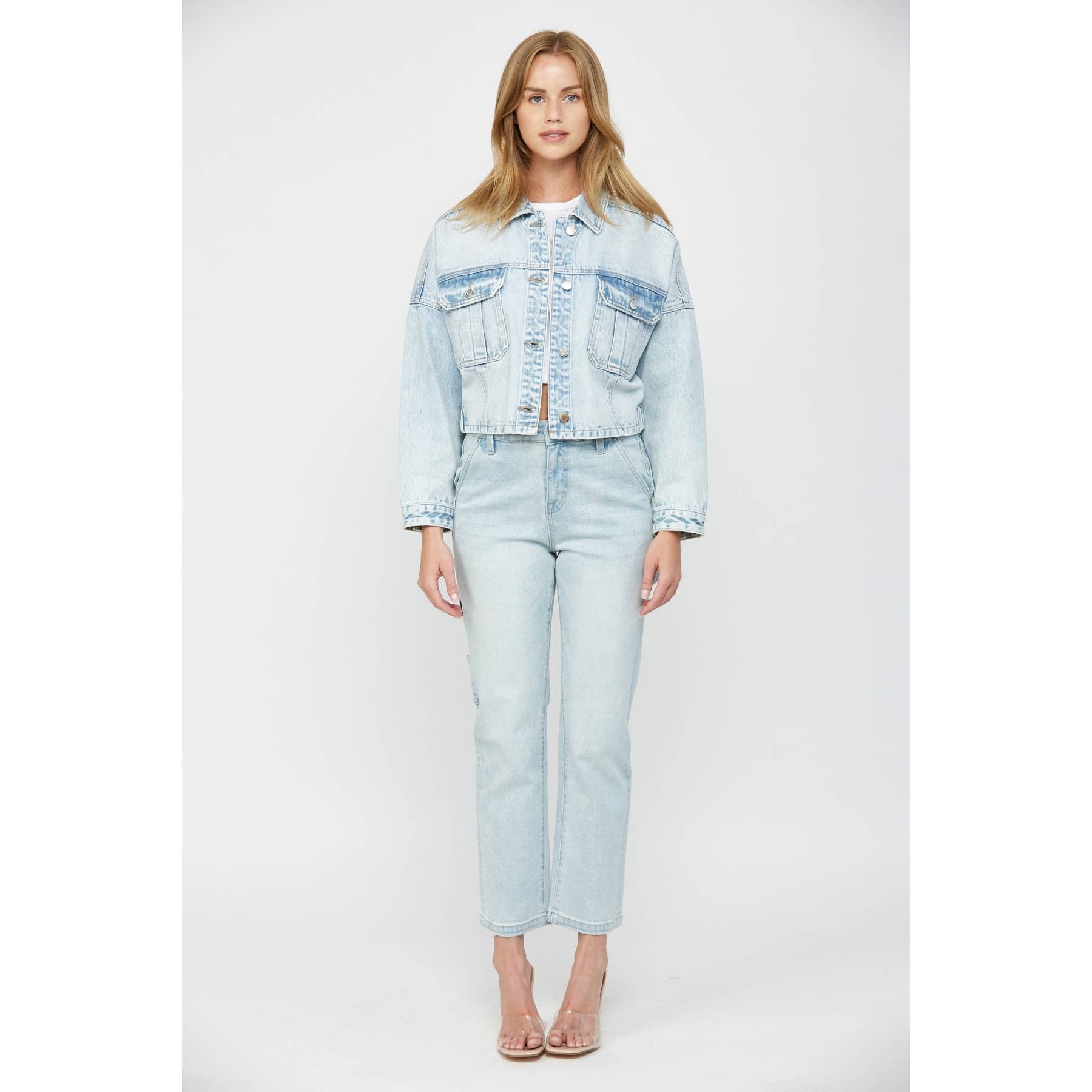 PREHNITE CROPPED DENIM JACKET W ELASTIC BAND for wholesale on Faire3