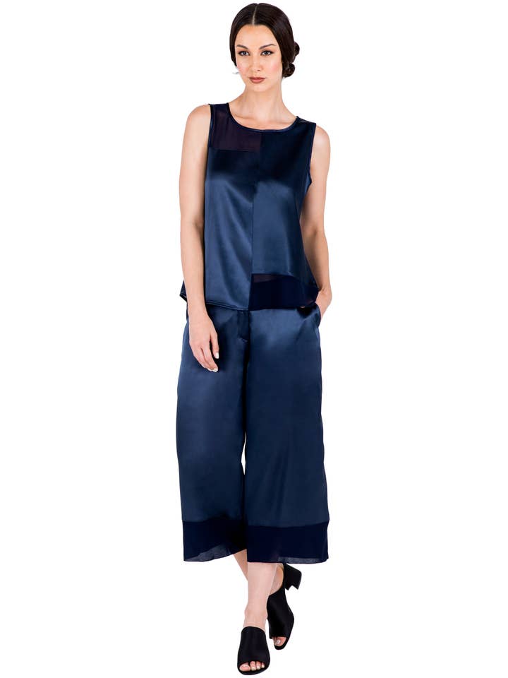 Standards & Practices - Wholesale Blouse - Women's - Modern Women's Blue Sateen and Chiffon Sleeveless Shirt3