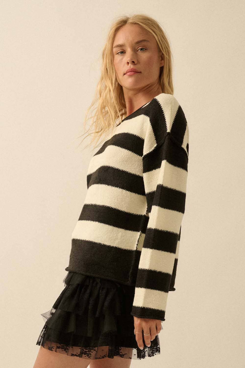 Promesa USA - Wholesale Knit Sweater - Women's - Textured Striped Knit Rolled-Edge Sweater10