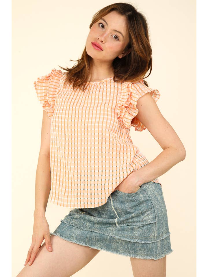 MANGO NT11480-Layer Ruffle Sleeve Plaid Flannel Woven Top for wholesale on Faire