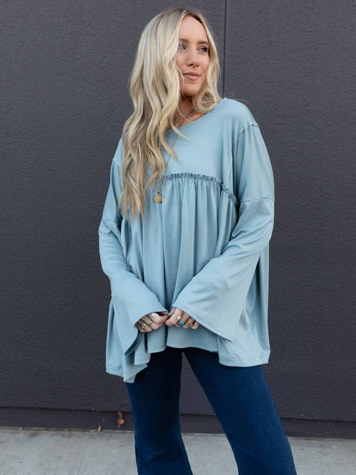 Three Bird Nest - Wholesale Tunic - Women's - Solid Serenity Long Sleeve Babydoll Top - Slate
