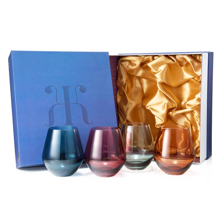 The Wine Savant / Khen Glassware - Wholesale Wine Glass - Colored Stemless Crystal Wine Glass Set of 4