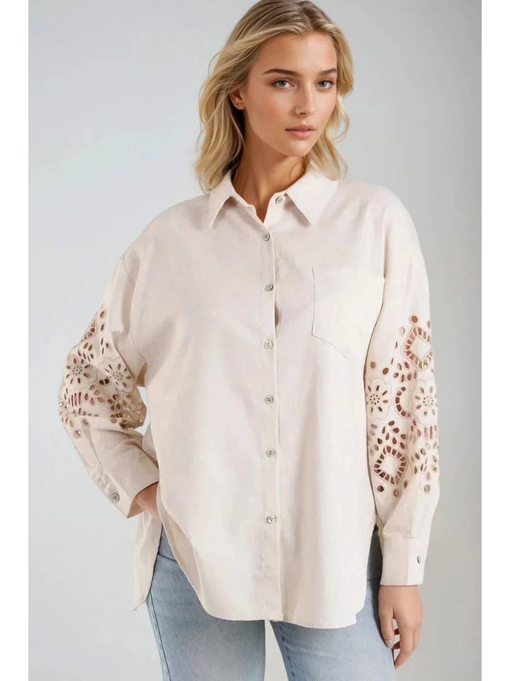 Aftershock London – wholesale Buttoned-down shirt – Women's – Beige Embroidered Sleeve Linen Blend Shirt
