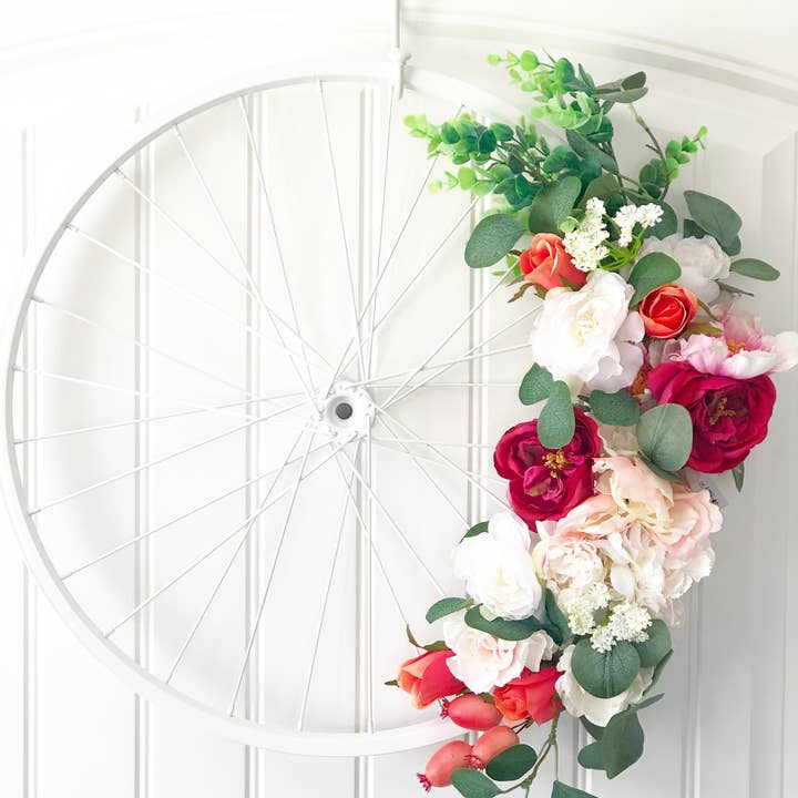 Foundations Decor - Wholesale Wreath - White Bicycle Wheel Floral Wreath (marked down)