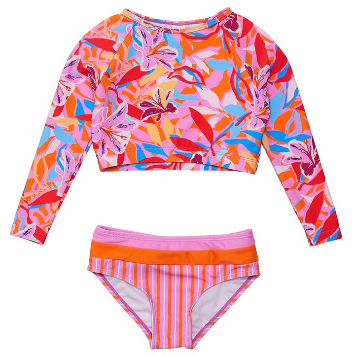 Blooming Sunset Sustainable Crop LS Rash Set for wholesale by Snapper Rock Swimwear UPF50+
