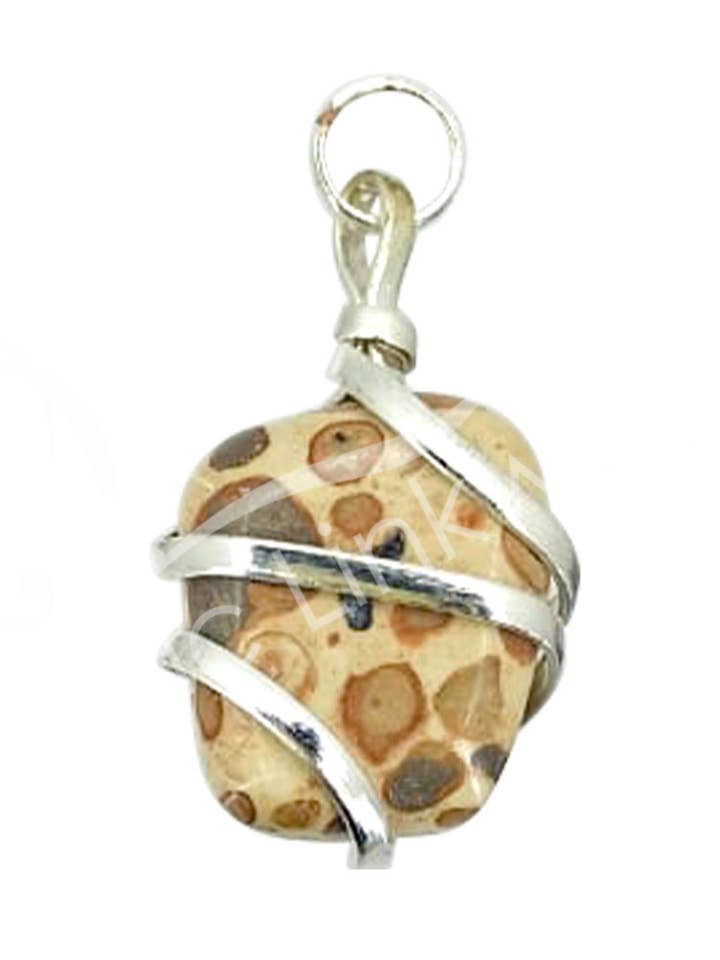 (PC)PENDANT - WIRE WRAP TUMBLED STONE JASPER, LEOPARD SKIN for wholesale by Oceanic Linkways Inc