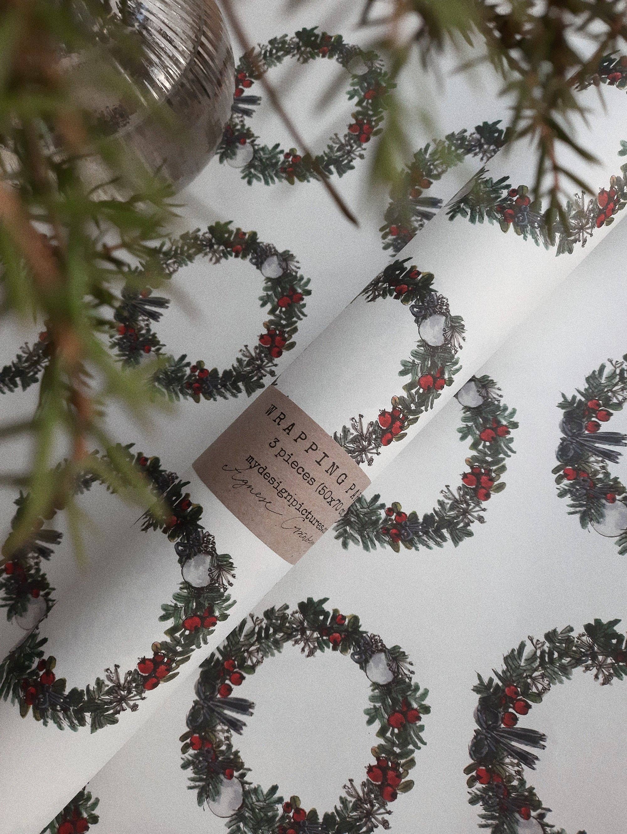 MyDesignPictures - Wholesale Flat Wrap - Christmas Wreath white Wrapping Paper4