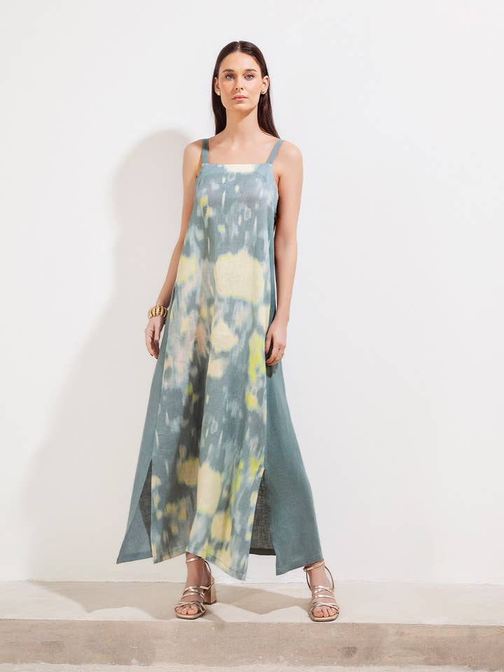 Abito Teresita Monet Teal Lino per la vendita all'ingrosso da parte di Maria la Paz