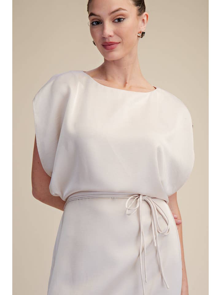 Glam - Wholesale Dress - Women's - Round Neck Waist Tie Back Slit Midi Dress10