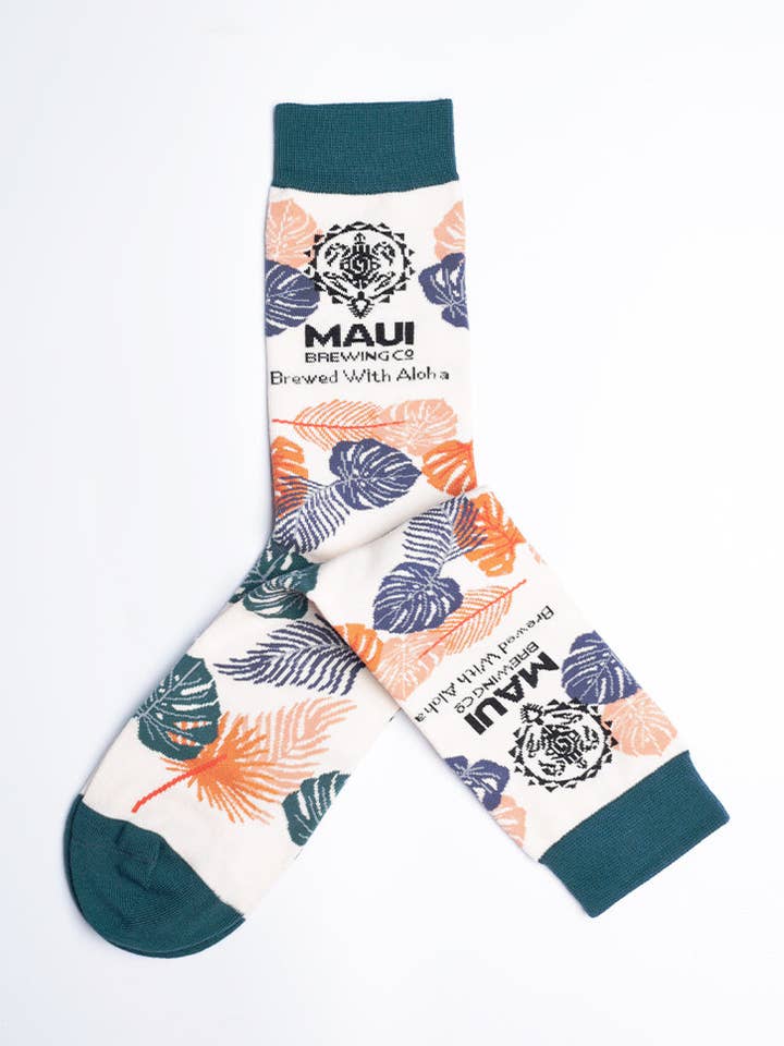 Maui Brewing Company Brewed With Aloha Floral Crew Socks for wholesale by Just Fun Socks