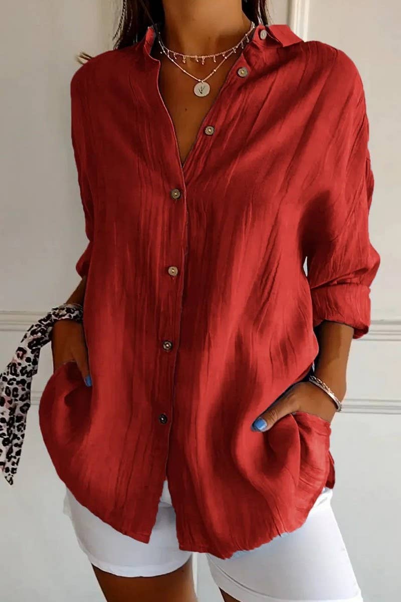 NINEXIS - Wholesale Shirt - Women's - CWTSTL2281_SOLID COLOR SINGLE BREASTED PLEATED LAPEL SHIRT3