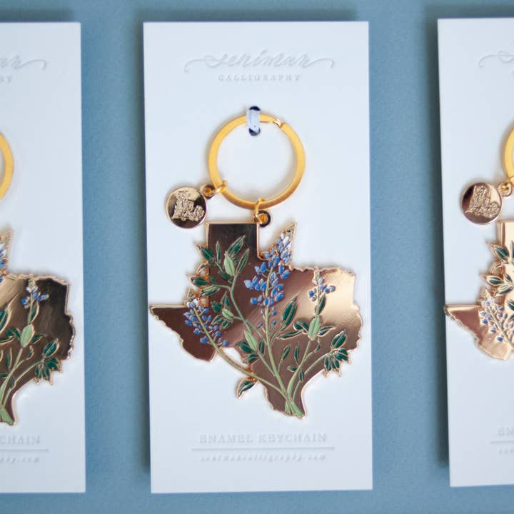 Seniman Calligraphy - Wholesale Keychain - Women's - Gold Texas Bluebonnet Soft Enamel Keychain2