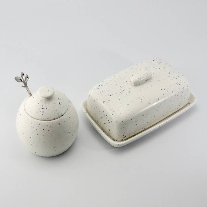Butter Dish and Sugar Bowl Set - Light Blue Speckled Glaze for wholesale by Peter Bowen Art