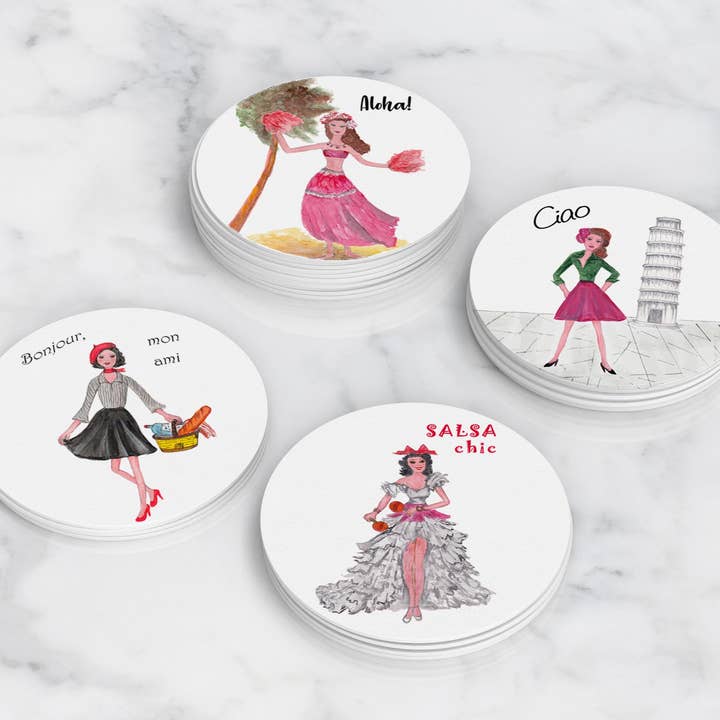 Hip Chicks Around The World Coasters for wholesale by Shades of Expression Designs