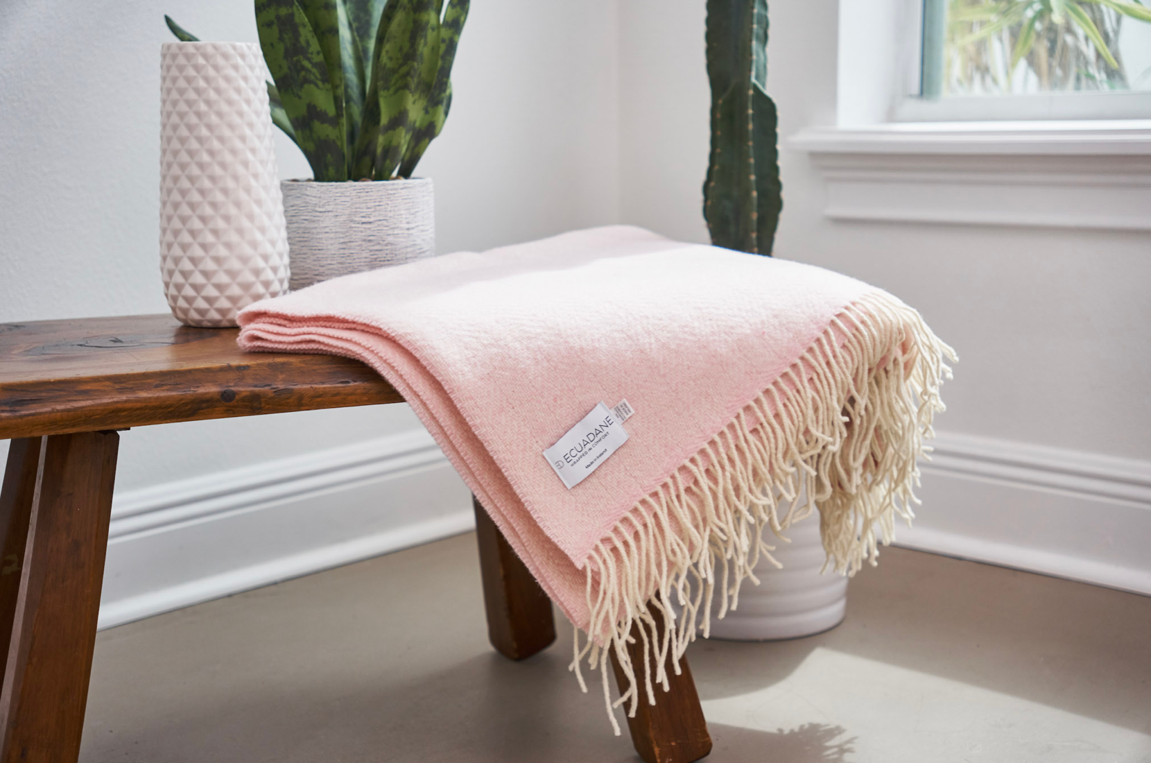HomeRoots - Wholesale Throw Blanket - Pink And Cream Woven Cashmere Reversable Throw with Fringe0