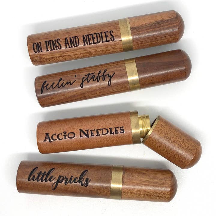 Snarky Crafter Designs - Wholesale Embroidery/Cross Stitch Supplies - Little Pricks Engraved Needle Case: Snarky Embroidery Cross Stitch Quilting Custom Solid Wood Brass Screw Top Needle Storage Tube Container1