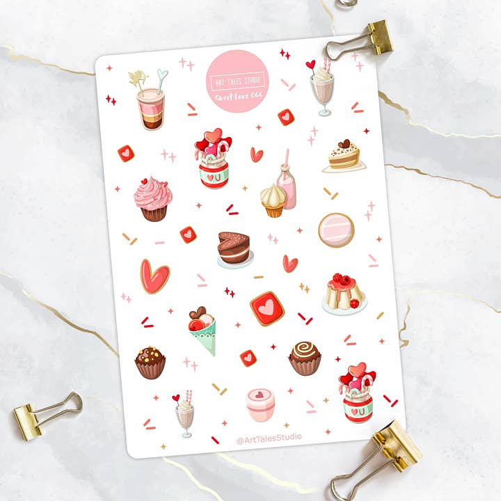 Love Sticker Sheet, Valentine's Day Stickers, Planner Stickers, Bullet Journal Stickers, Scrapbook Stickers, Heart Stickers, Couple, Sweets for wholesale by Art Tales Studio