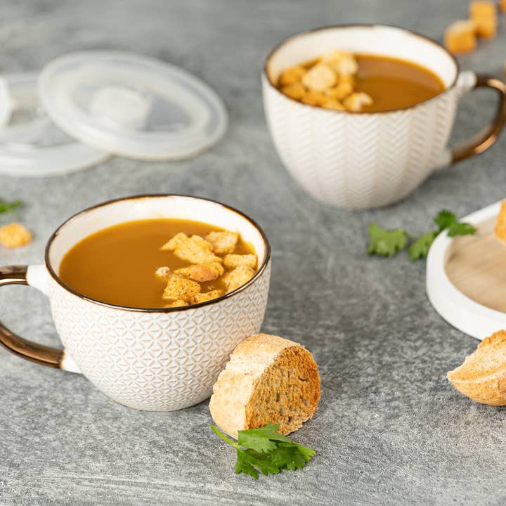 Kook - Wholesale Coffee Mug - Kook Ceramic Soup Mugs with Lids, 18 oz, Set of 2, Narbonne