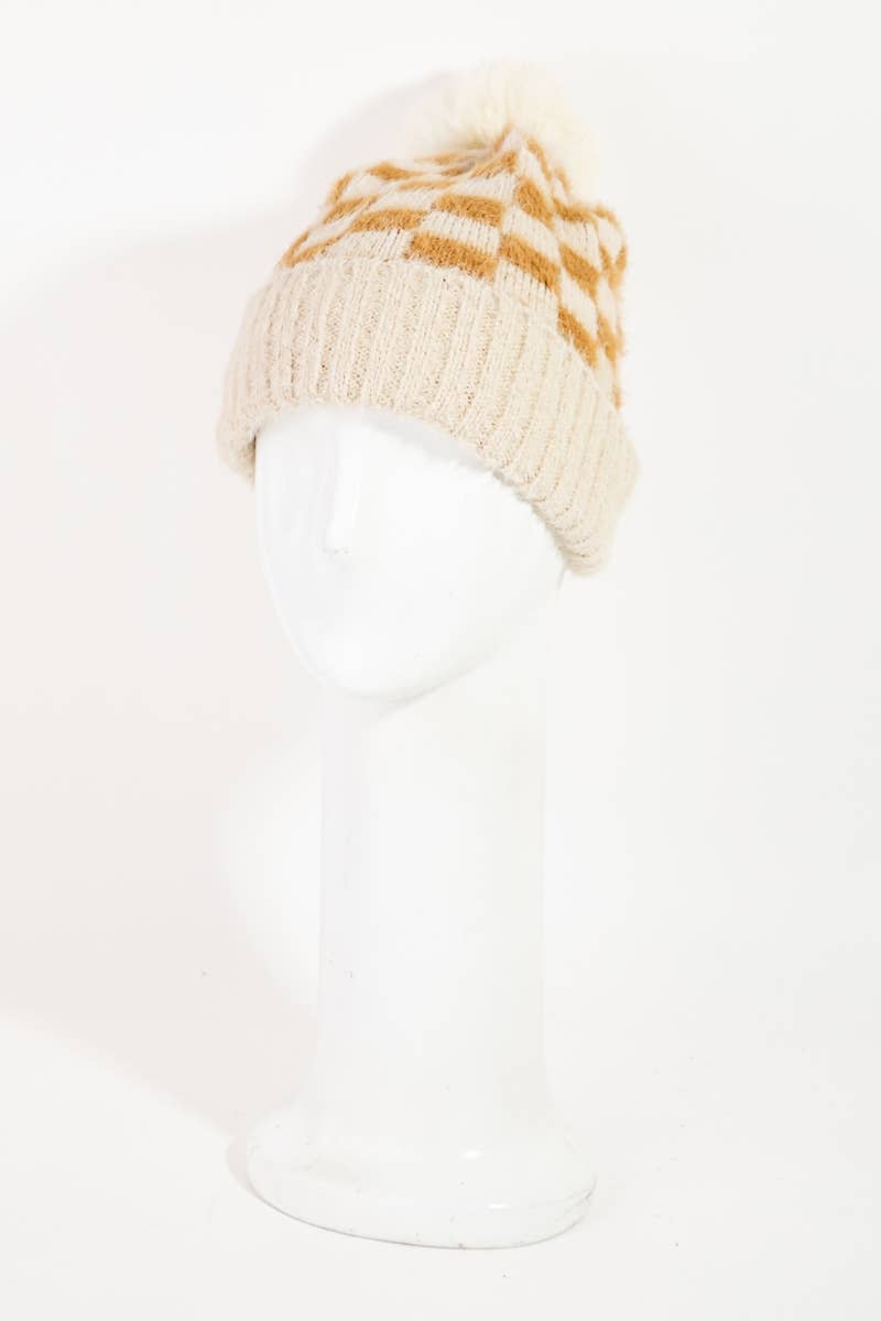 Collections by Fame Accessories - Wholesale Beanie - Women's - Fuzzy Pom Checkered Print Beanie