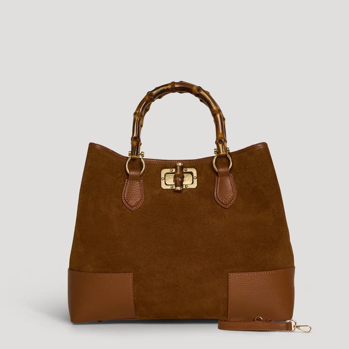 Voemièn - Wholesale Top Handle Bag - Women's - Bamboo Babe Bag in Tan Suede and Leather4