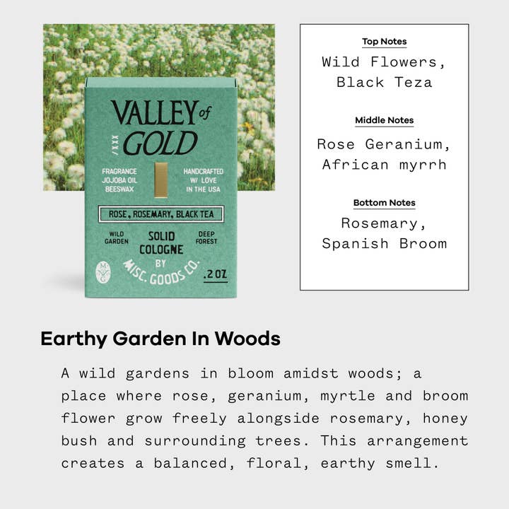 Misc Goods Co. - Wholesale Solid Cologne - Valley of Gold Solid Cologne – Wildflowers, Rose & Rosemary | Balm Format, Travel-Friendly1