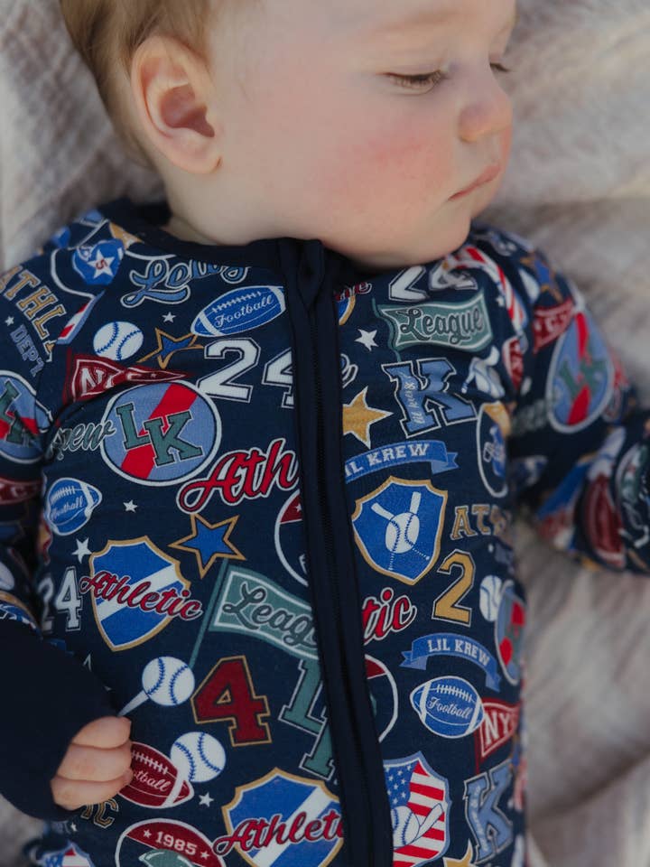 Lil Krew & Co - Wholesale Sleepsuit - Baby - Varsity Blues Bamboo Zip Pajamas2