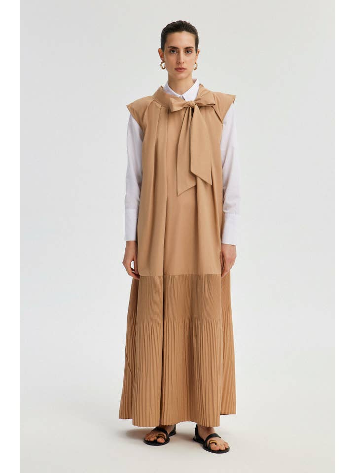Beige COLLAR TIED PLEATED DRESS for wholesale on Faire