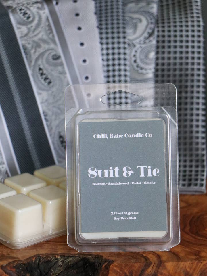 Suit & Tie Wax Melt | Saffron + Cedarwood + Violet + Smoke for wholesale by Chill, Babe Candle Co