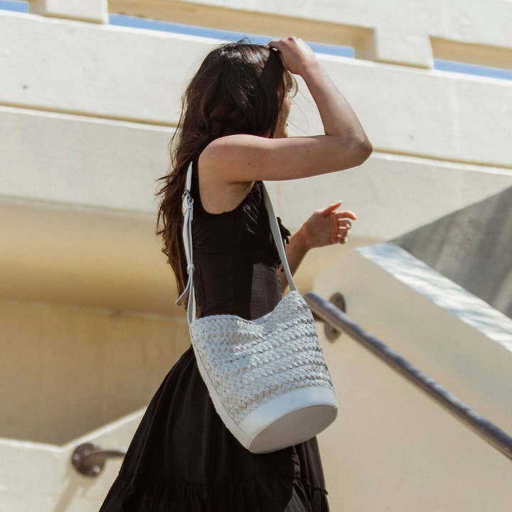 Cream Woven Leather Bucket Bag for wholesale by Per Lei New York