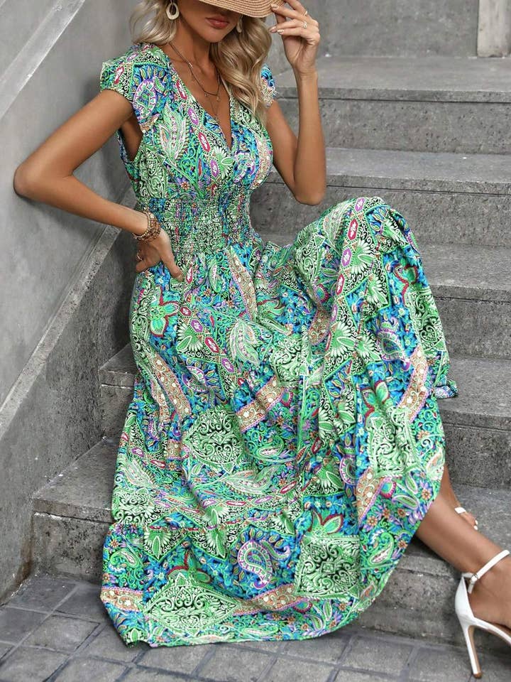 vcay paisley print shirred detail ruffle hem dress for wholesale by Queen Fashion