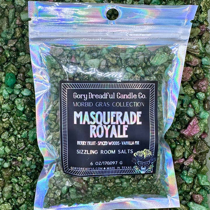 MASQUERADE ROYALE Sizzling Room Salt Crystal Potpourri: Berry Fruit · Spiced Woods · Vanilla Fir Scent for wholesale by Gory Dreadful Candle Co
