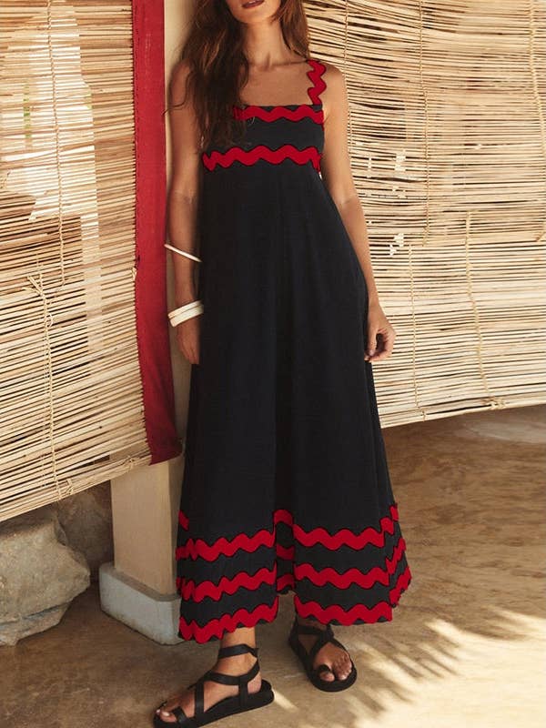 Sheer Trend - Vente Robe – femme - Robes longues trapèze à col carré à fermeture éclair de couleur contrastante30