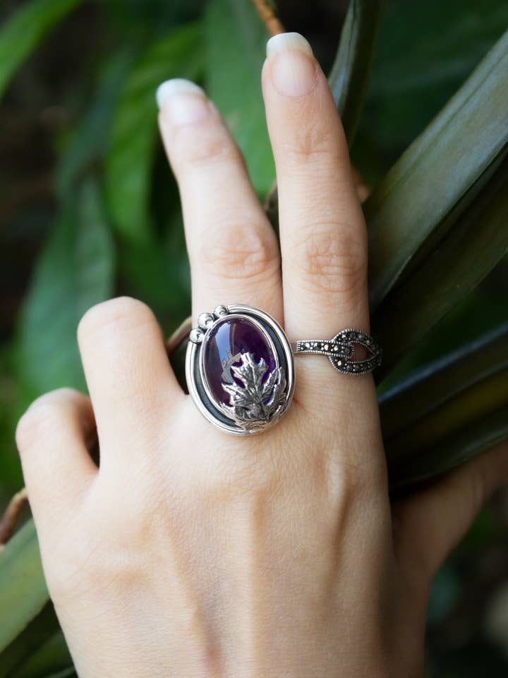 Woodland Serenity – Amethyst & Silver Leaf Ring, AR-7682 for wholesale by Ambra Jewels