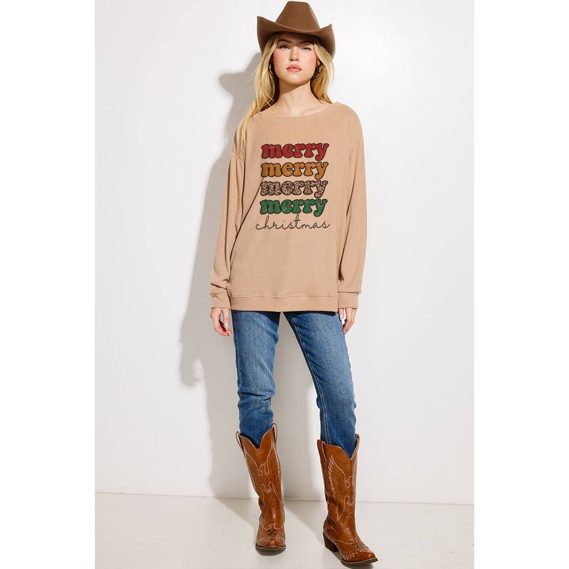 Phil Love - Wholesale Graphic Sweatshirt - Women's - Merry Christmas Print Brushed Rib Long Sleeve Top1