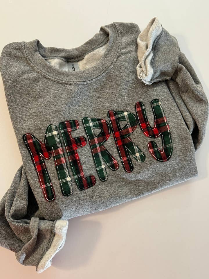 Merry Plaid Christmas Applique Embroidered Sweatshirt for wholesale by Sweet Carolines Boutique