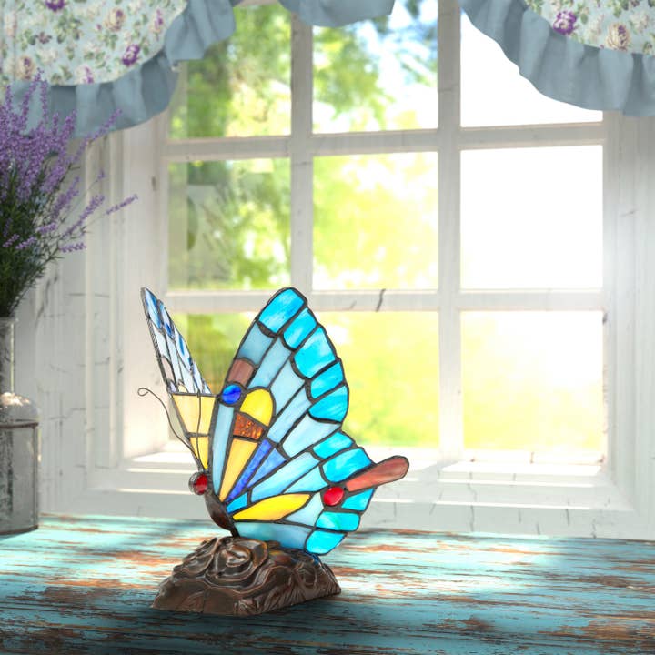 River of Goods - Wholesale Accent/Desk Lamp - 9"H Kiara Blue Butterfly Stained Glass Accent Lamp