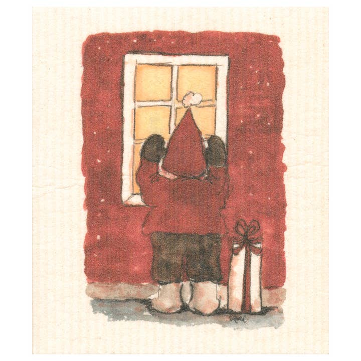 Torchon avec motif lutin de Noël qui regarde par la fenêtre pour la vente par More Joy Home