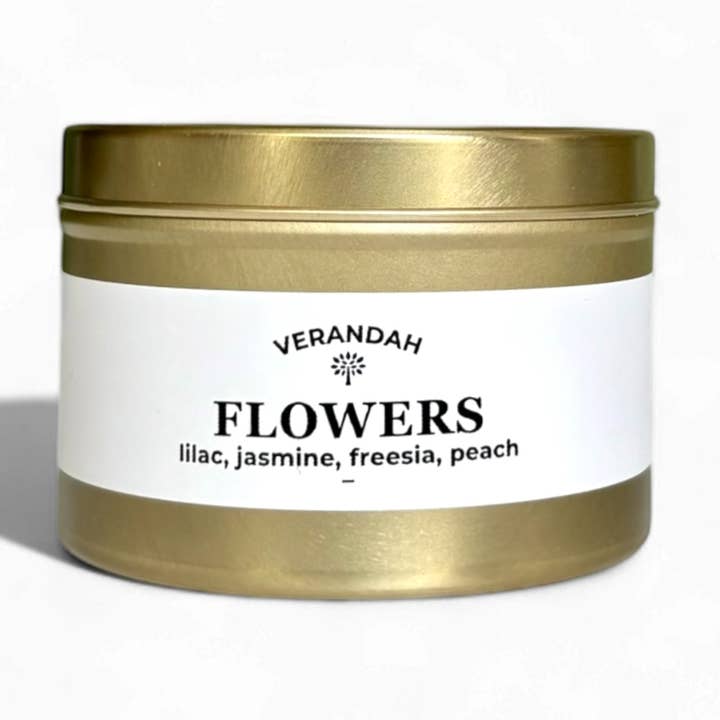 Soy Flowers Hand poured 6 oz Candle- Gold Tin for wholesale by Verandah Candle Company