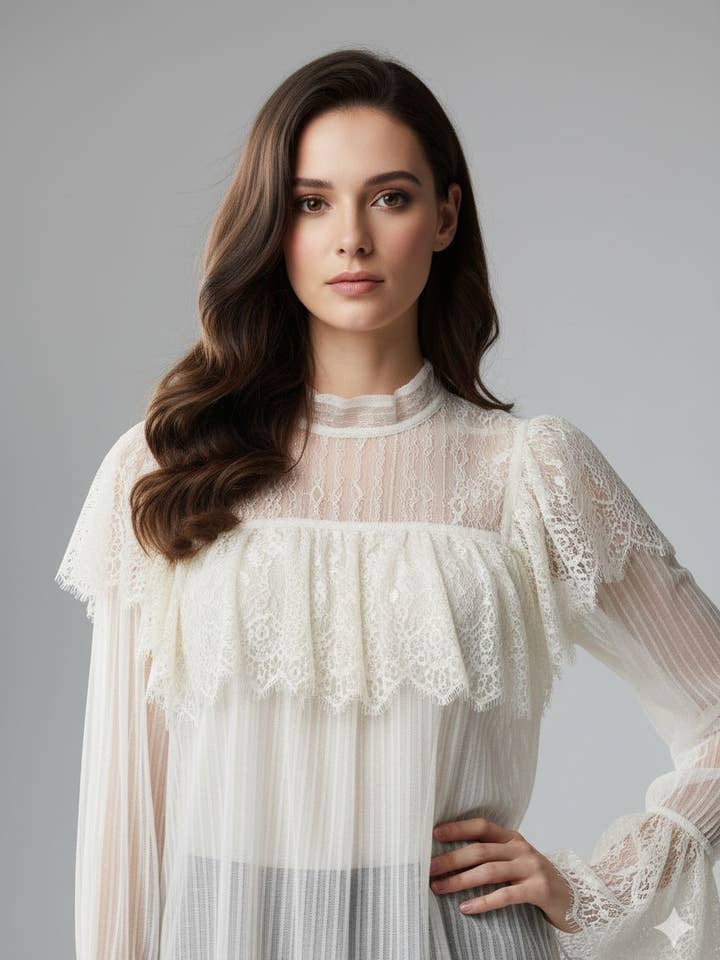 Bluse i blonder og plisseret tyl - 81067 for engroshandel hos CHOKLATE PARIS