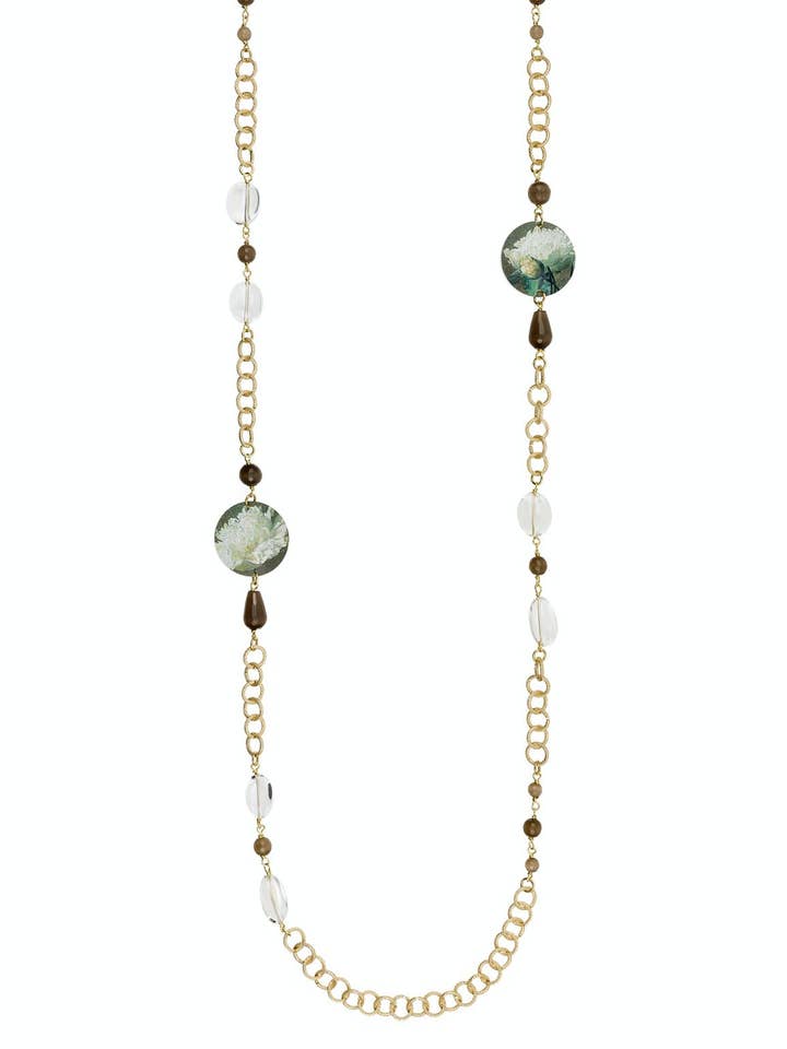 Long necklace for women with white flower on brown background made in Italy for wholesale by Lebole Maison