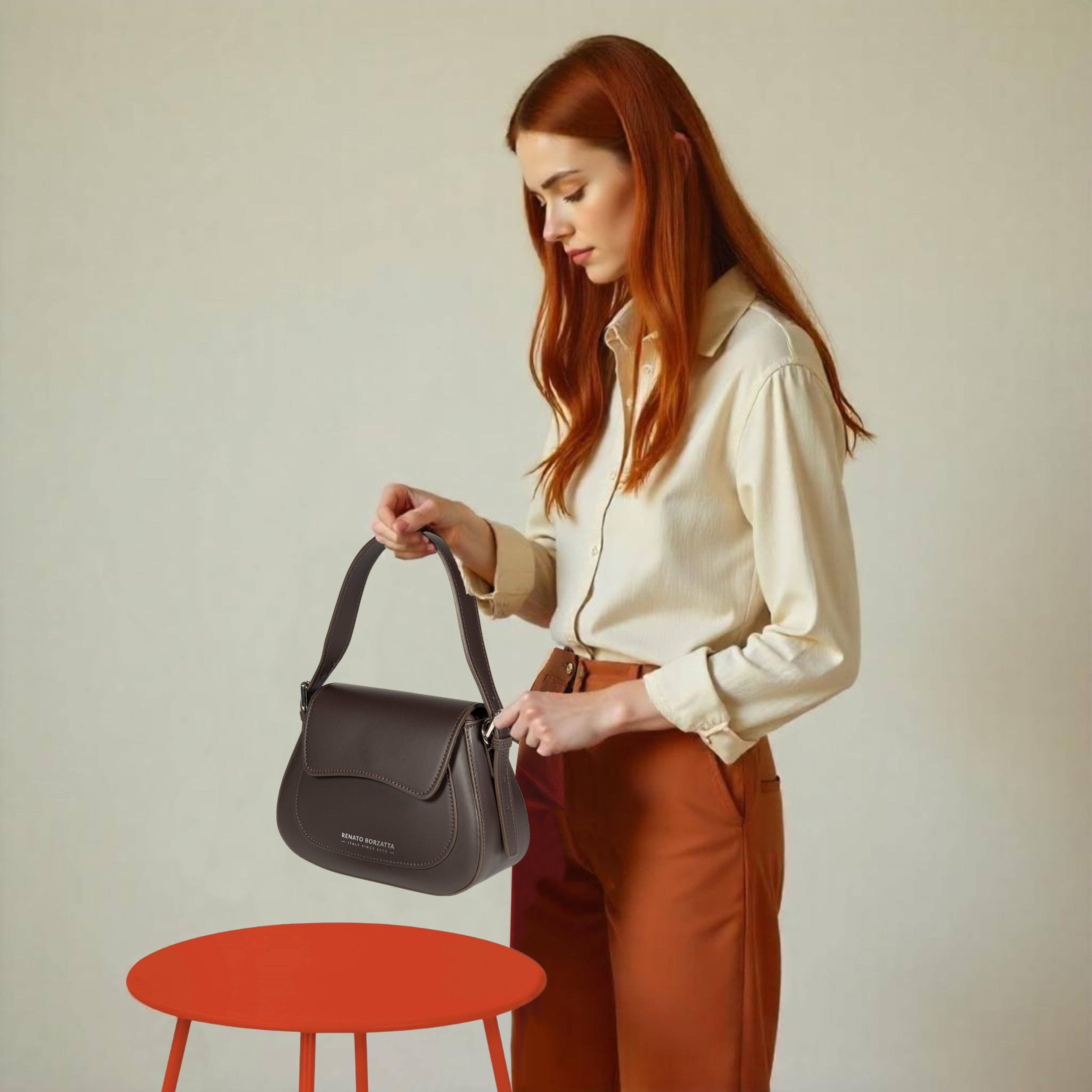 Kaili mood / RENATO BORZATTA - Italy since 1978 - - Wholesale Shoulder Bag - Women's - RB1030B | Women's Shoulder Bag EMMA with flap in Genuine Leather Made in Italy. Shiny Silver Metal Accessories - Dark Brown Color - Dimensions: cm 24 x 18 x 9 + 14.5 (Handle drop)5