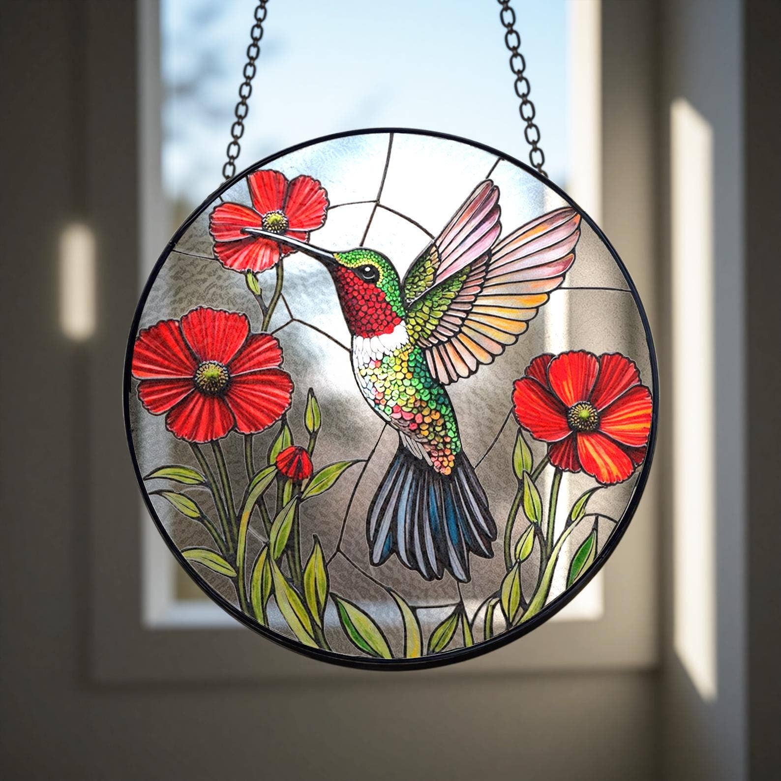 TMLECOM LTD - Wholesale Suncatcher - Hummingbird Stained Glass Suncatcher, Bird and Poppy Decor1