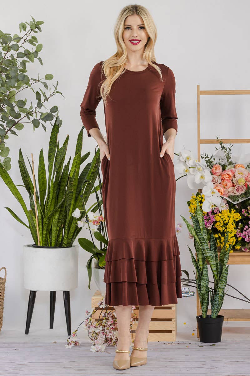 Celeste Clothing – Großhandel Kleid – Damen – Großgrößen-Midikleid mit gestuften Rüschen und 3/4-Ärmeln31