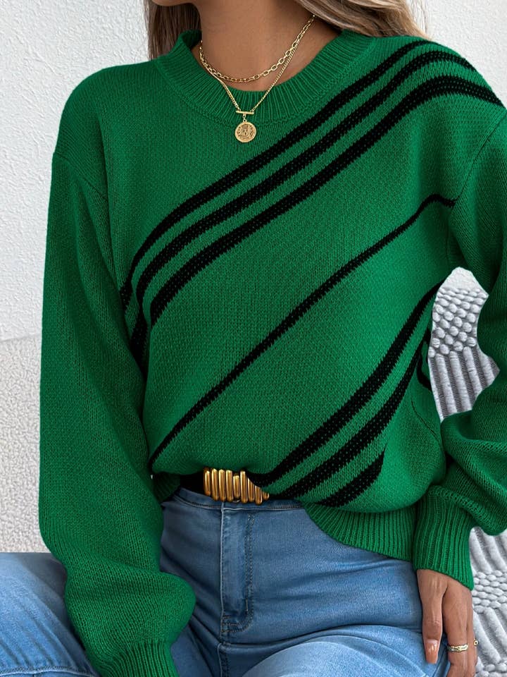 Comely Fashion - Wholesale Knitted jumper – Women′s - Autumn Winter Diagonal Stripe Crewneck Pullover Sweater4
